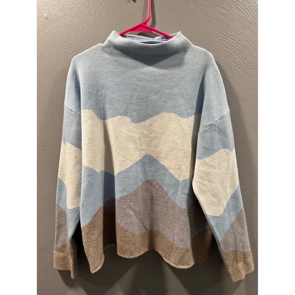 Rachel Zoe Womens XL Mock Neck Abstract Mountain Wave Knit Sweater Blue Taupe